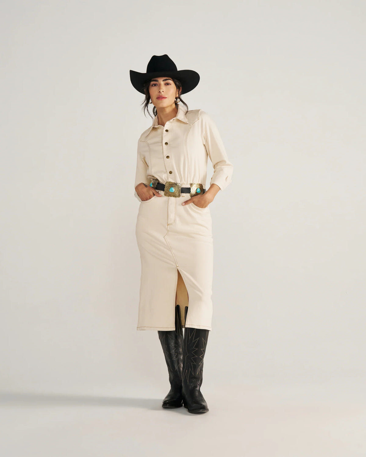 Women's Long Sleeve Natural Denim Midi Dress